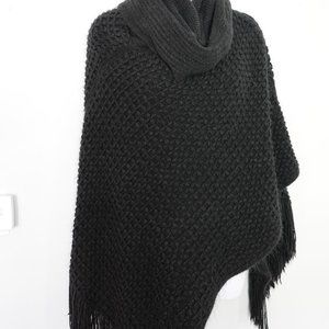 Black cowl neck poncho with fringe